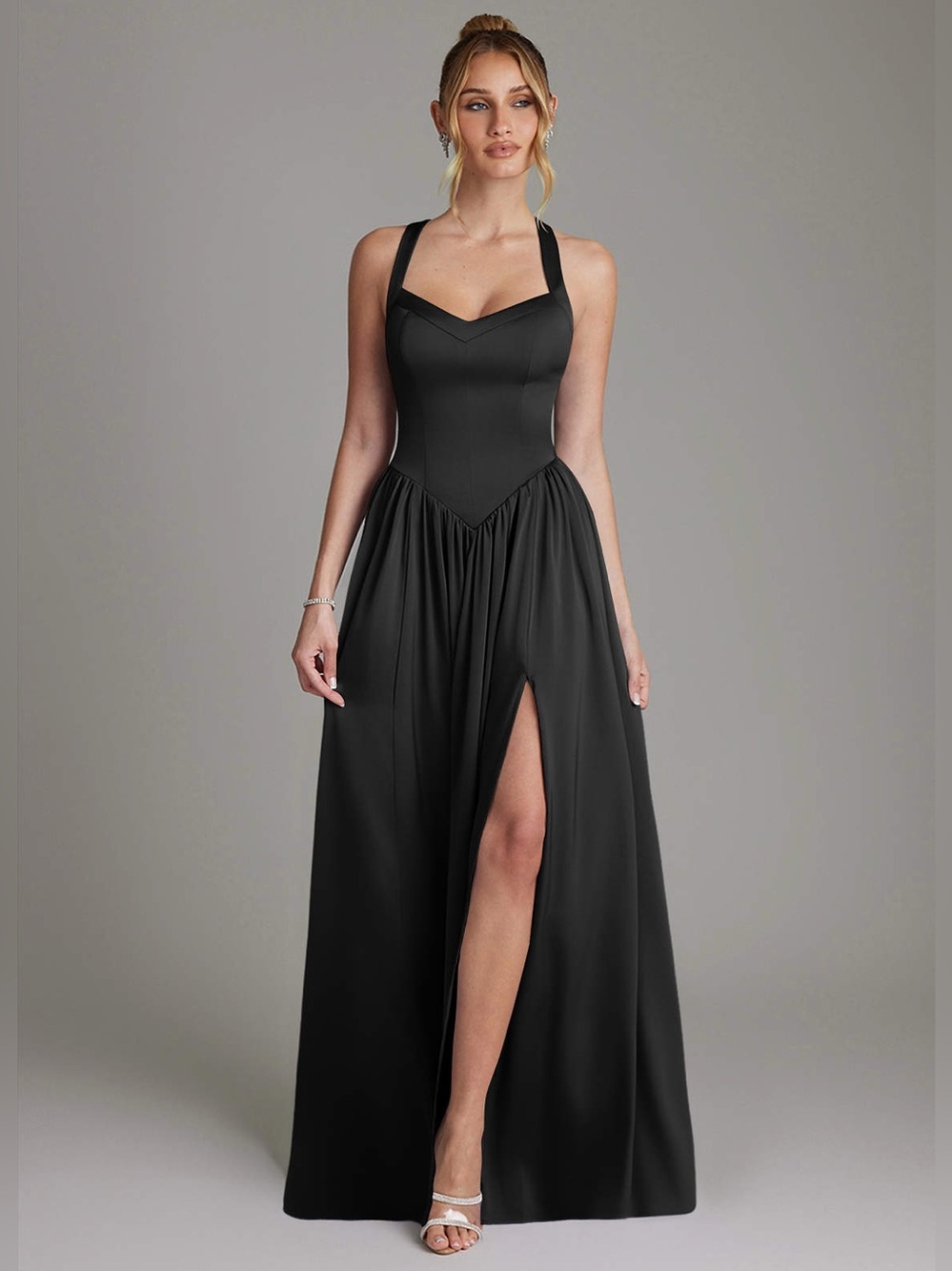 NWT Barbie x Azazie stretch satin A-line corset lace up back black gown dress
